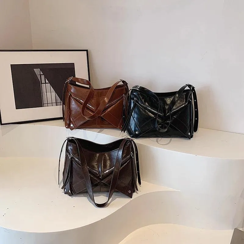 Large Shoulder Bags Leather Rivet Geometric Style Women Soft Zipper Crossbody
