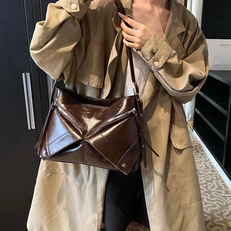 Large Shoulder Bags Leather Rivet Geometric Style Women Soft Zipper Crossbody