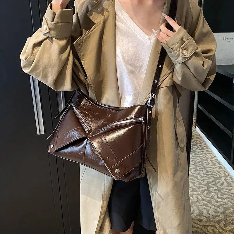 Large Shoulder Bags Leather Rivet Geometric Style Women Soft Zipper Crossbody