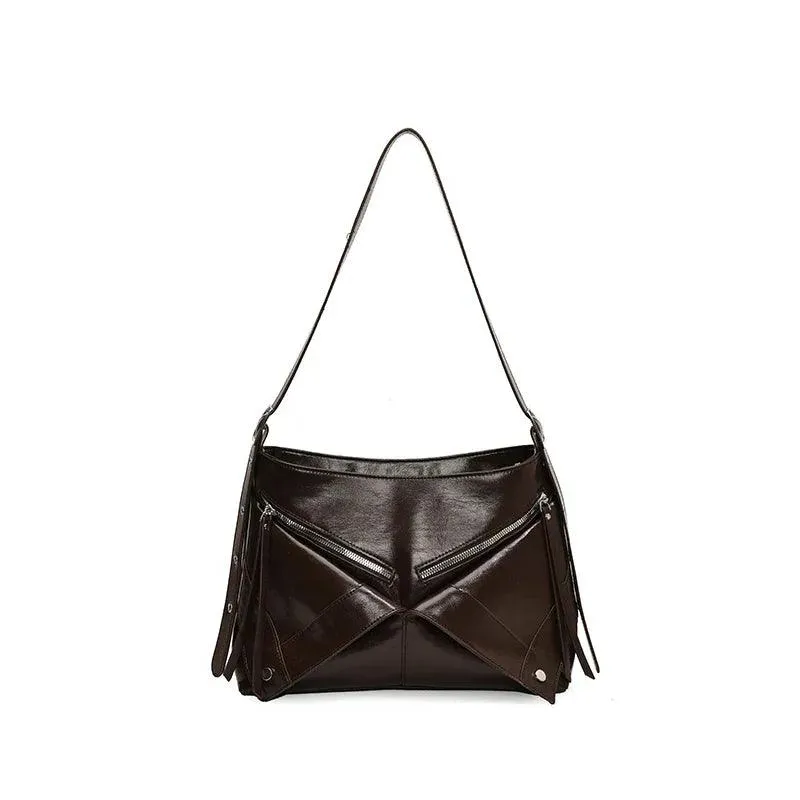 Large Shoulder Bags Leather Rivet Geometric Style Women Soft Zipper Crossbody