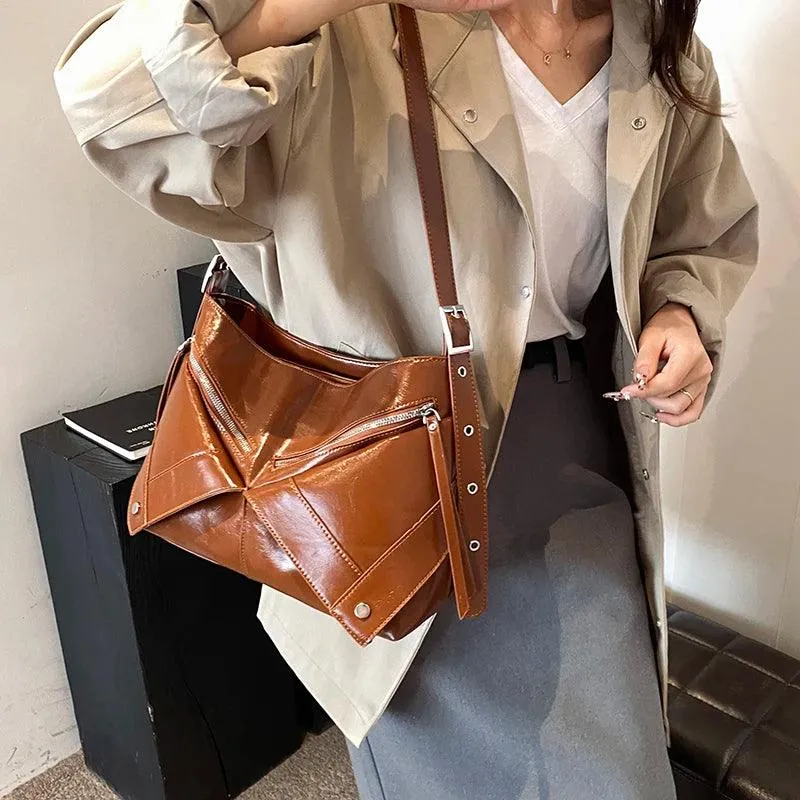 Large Shoulder Bags Leather Rivet Geometric Style Women Soft Zipper Crossbody