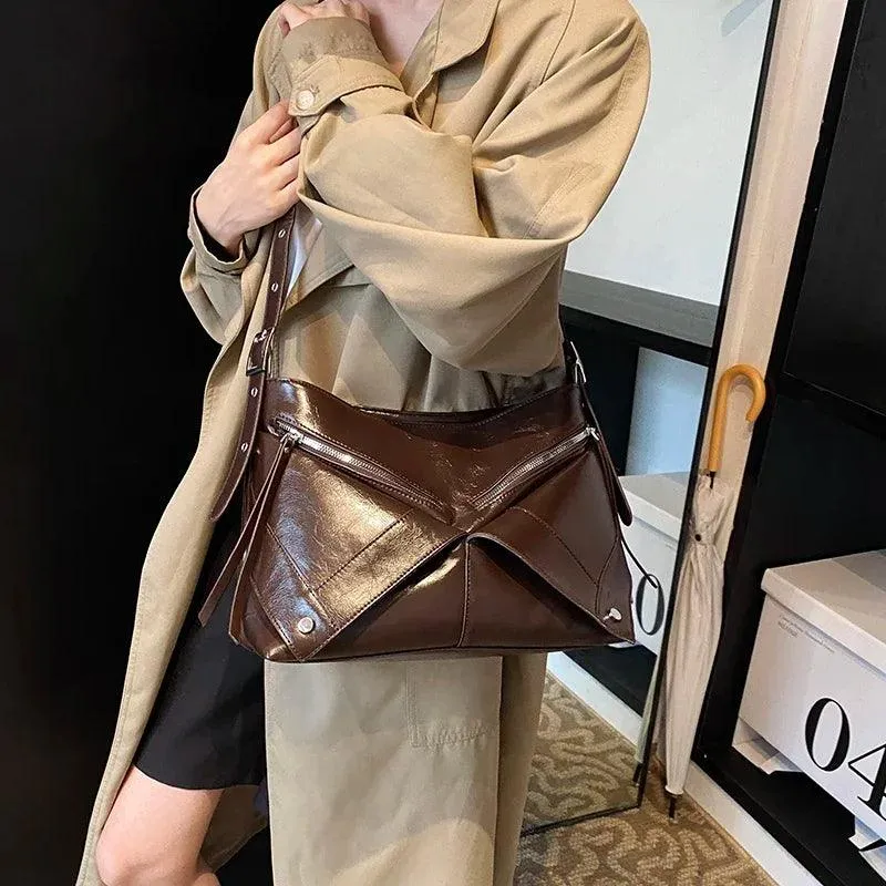 Large Shoulder Bags Leather Rivet Geometric Style Women Soft Zipper Crossbody