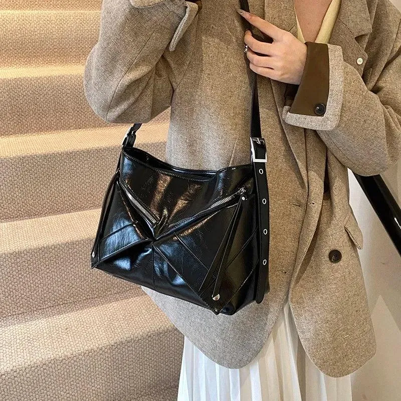 Large Shoulder Bags Leather Rivet Geometric Style Women Soft Zipper Crossbody