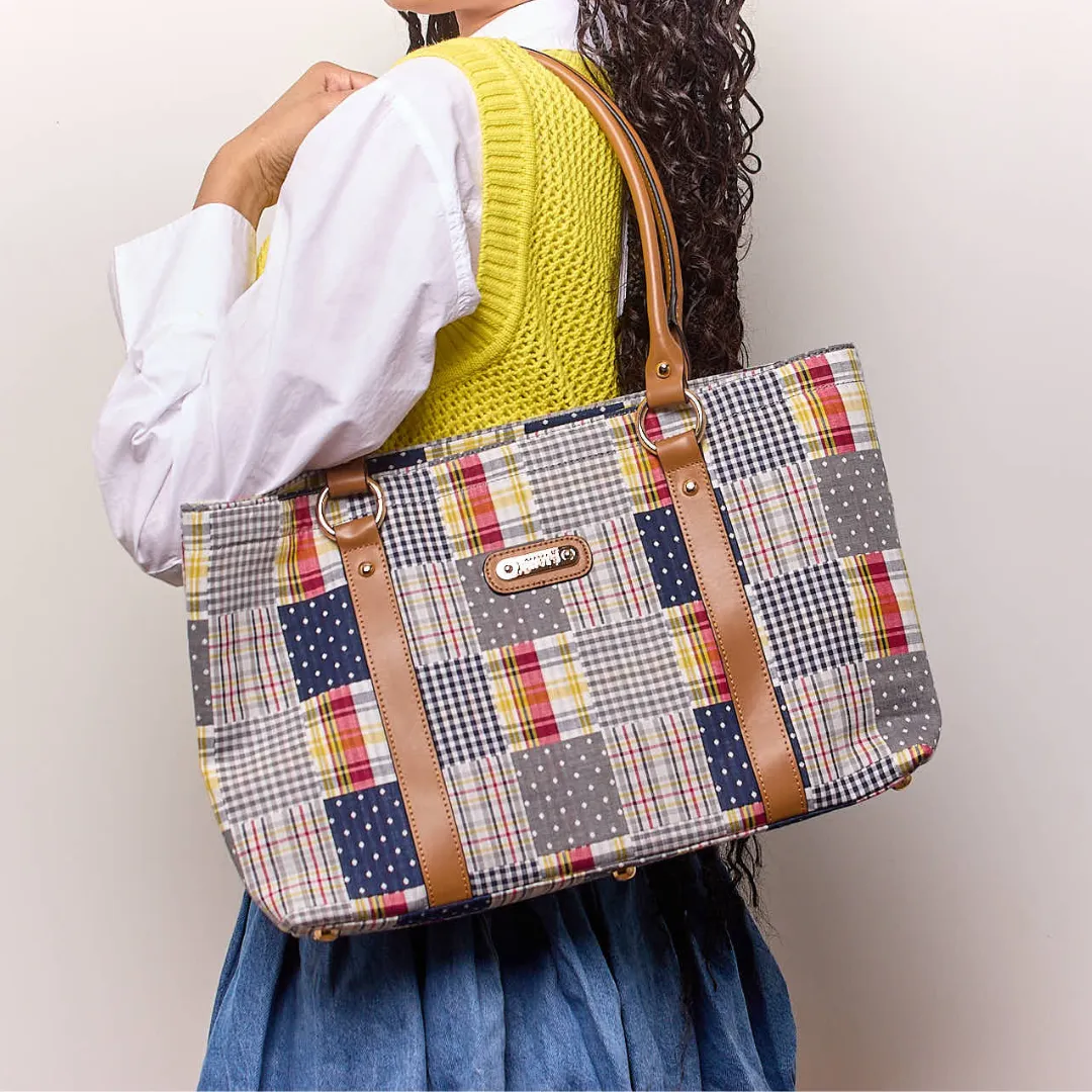 Large Tote - Navy Plaid Patchwork