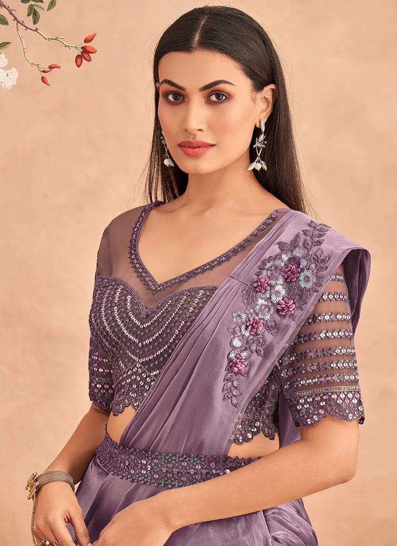 Lavender Appliqué And Sequence Embroidery Lehenga Saree