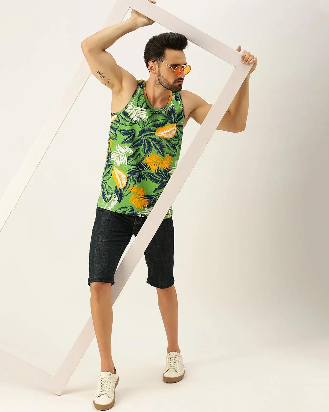 Leaf Printed Green Gym Vest