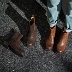 Leather Ankle Boots Comfortable Walking Round Chelsea Boots in Brown/Coffee