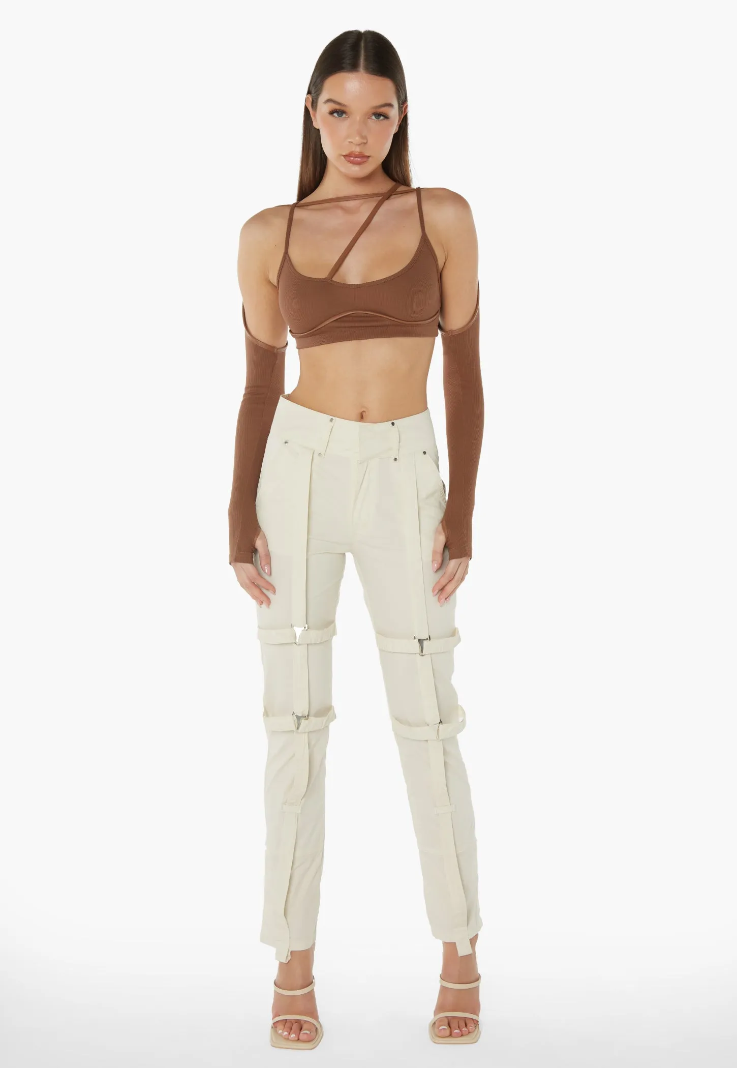 Leg Strap Detailed Trousers - Sand