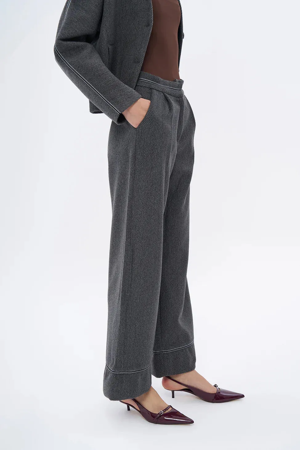 Leg Stripe Detailed Cashmere High Waist Trousers Anthracite