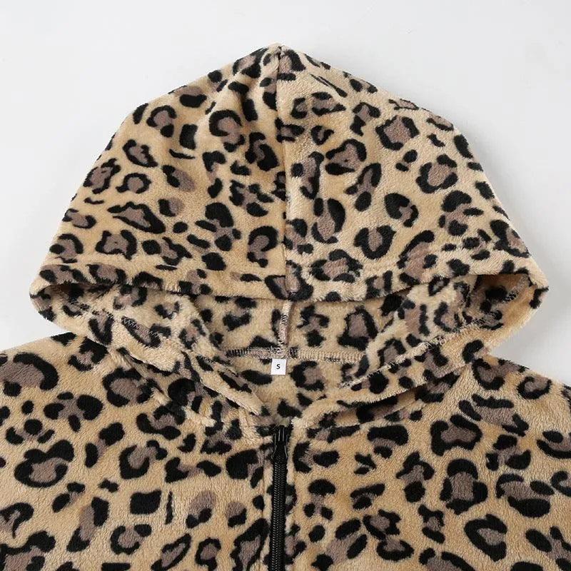 Leopard Print Faux Fur Zip-Up Hoodie