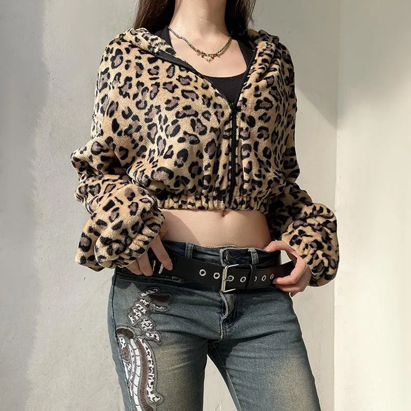 Leopard Print Faux Fur Zip-Up Hoodie