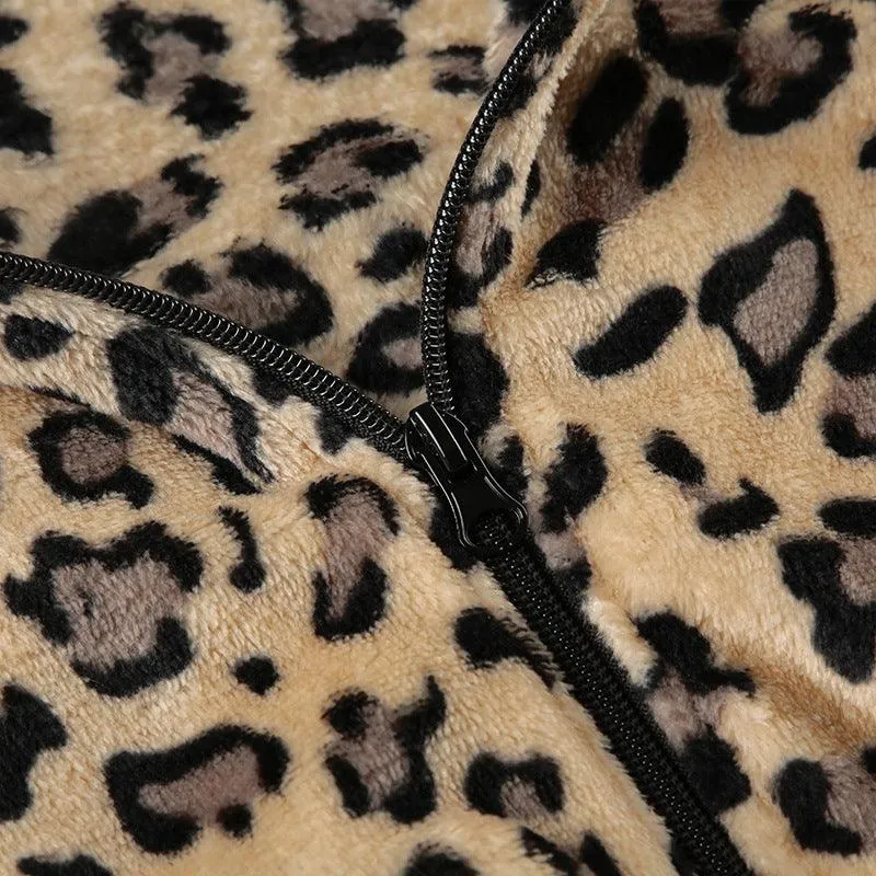 Leopard Print Faux Fur Zip-Up Hoodie