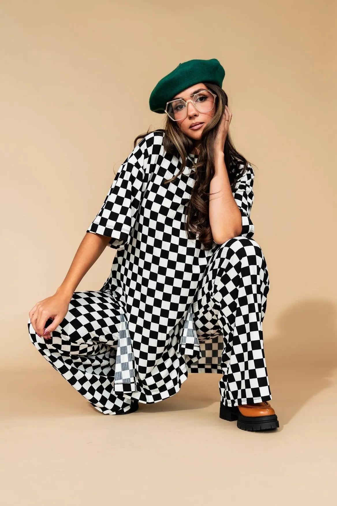 Leveled Up Ribbed Playsuit in Black   White Checkerboard