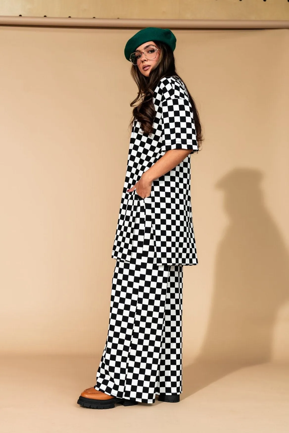Leveled Up Ribbed Playsuit in Black   White Checkerboard
