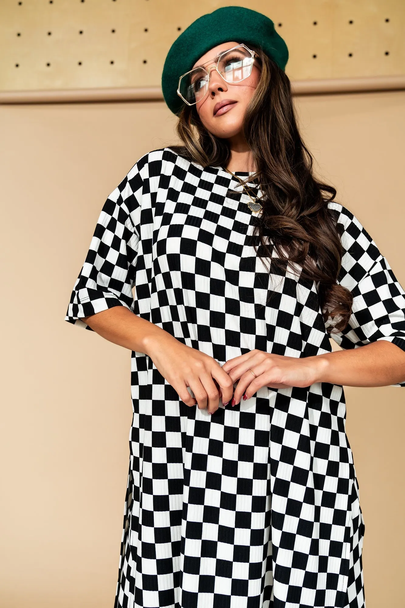 Leveled Up Ribbed Playsuit in Black   White Checkerboard