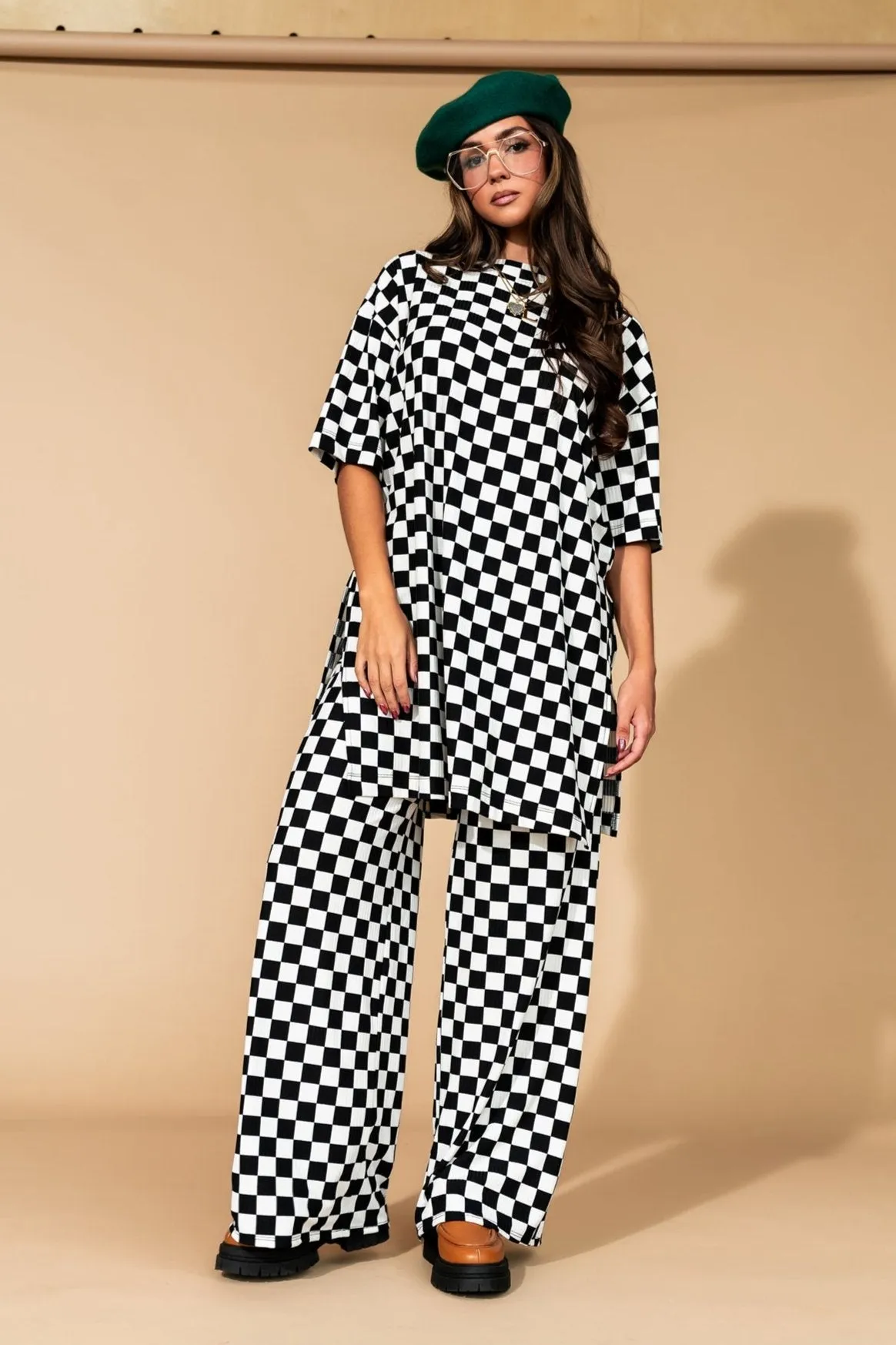Leveled Up Ribbed Playsuit in Black   White Checkerboard