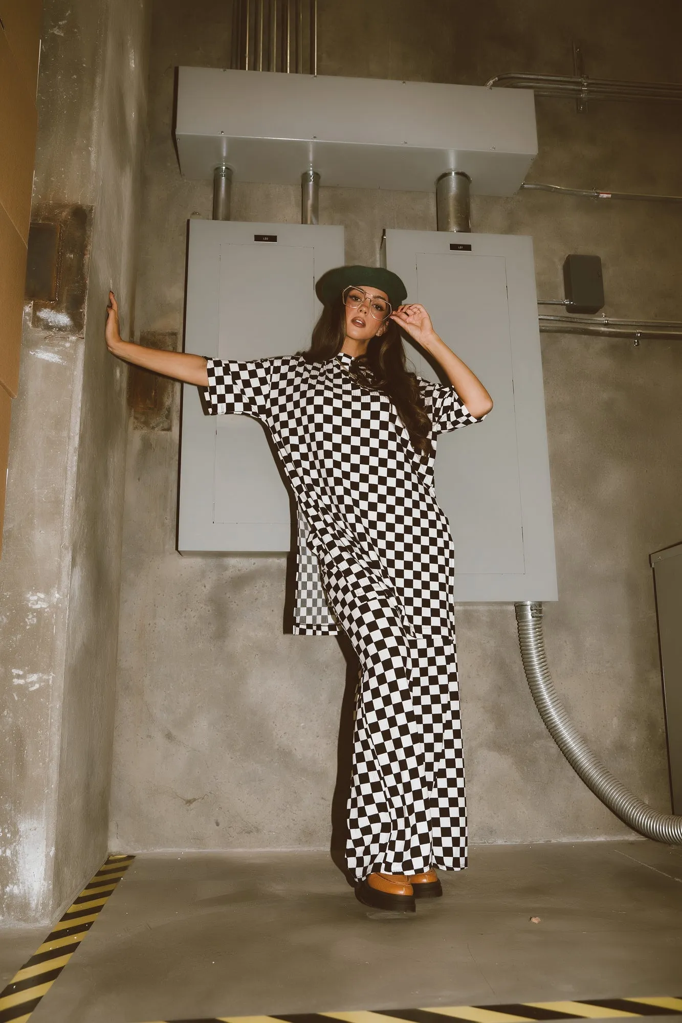 Leveled Up Ribbed Playsuit in Black   White Checkerboard