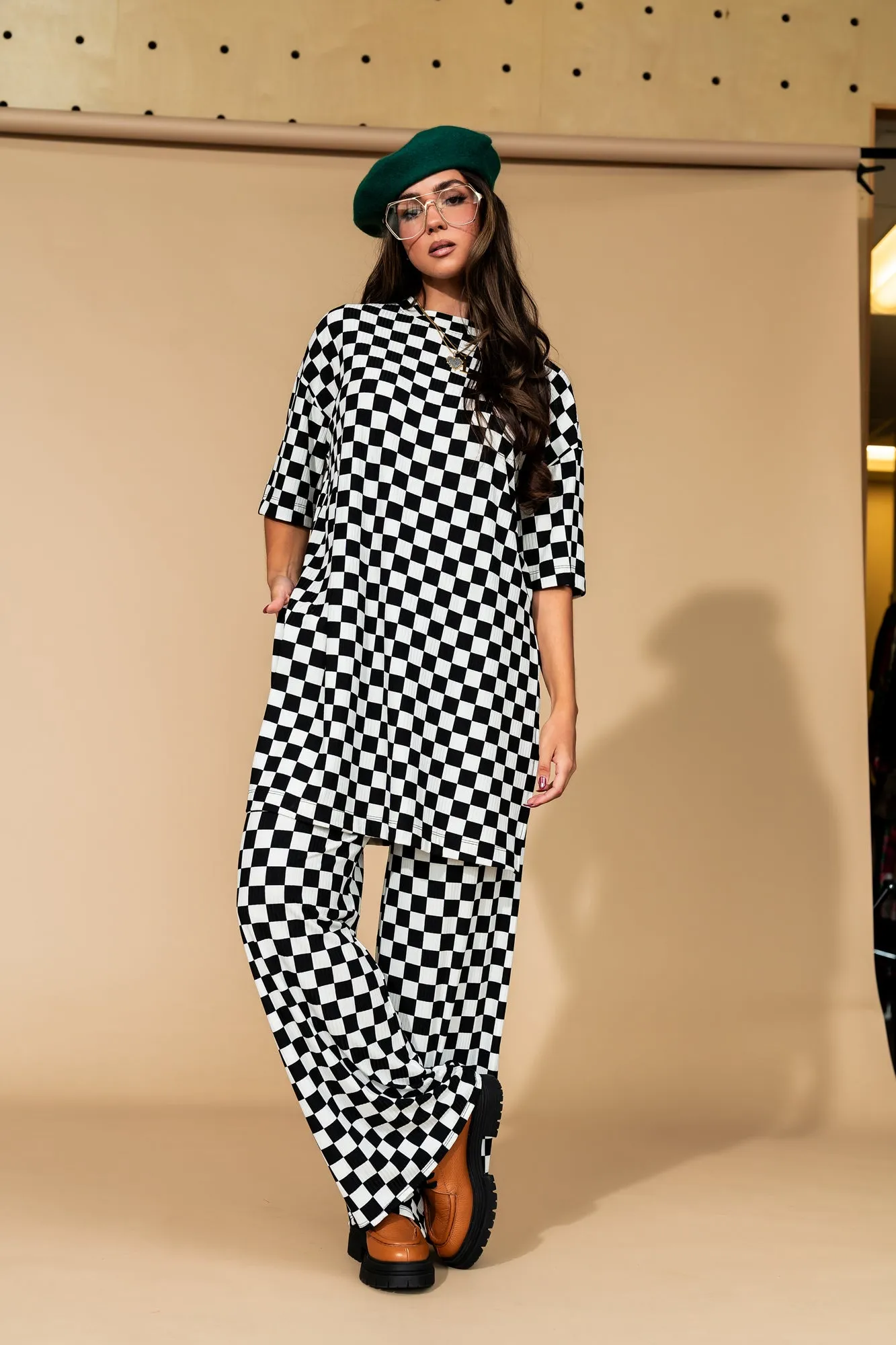 Leveled Up Ribbed Playsuit in Black   White Checkerboard