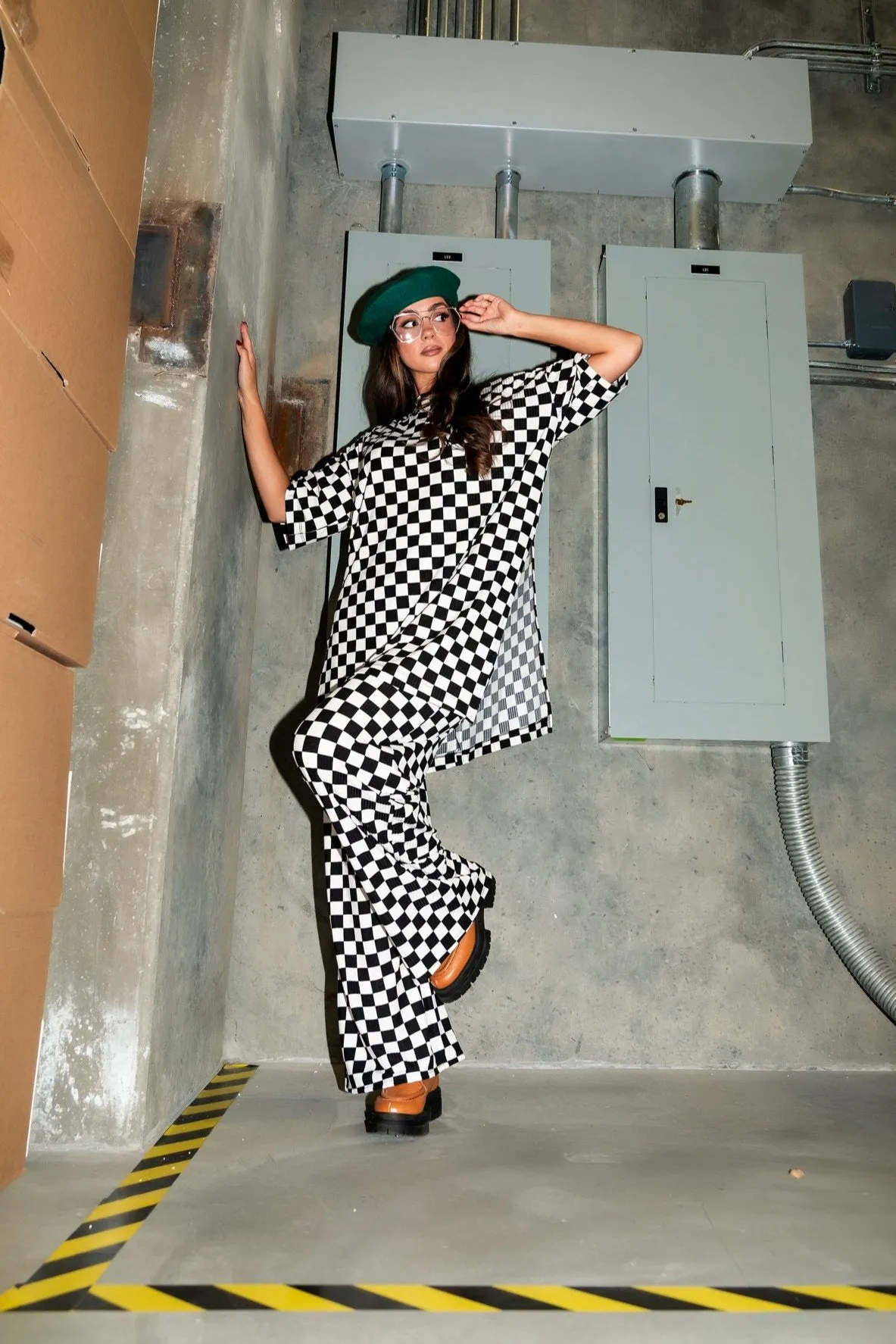 Leveled Up Ribbed Playsuit in Black   White Checkerboard