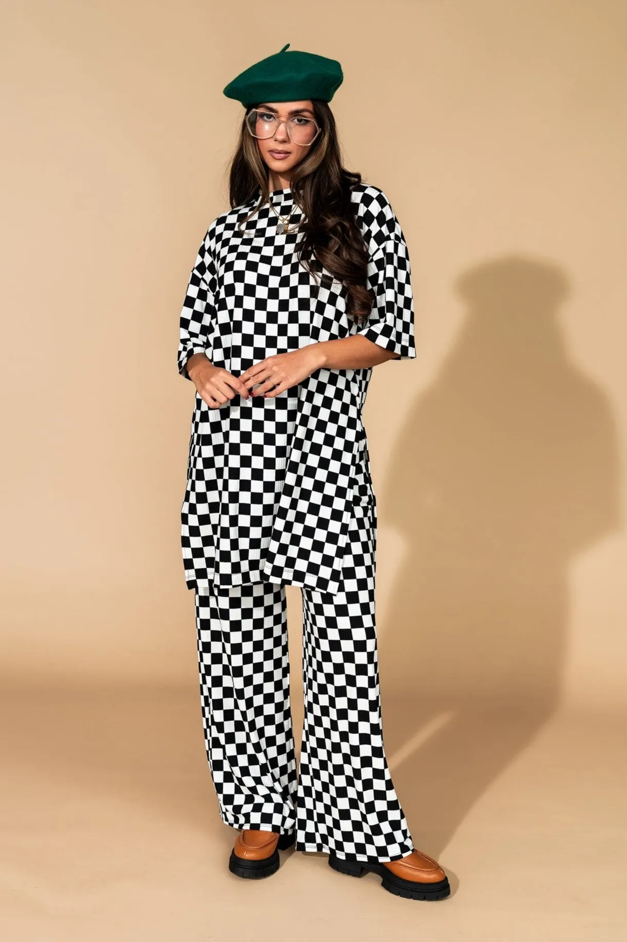 Leveled Up Ribbed Playsuit in Black   White Checkerboard