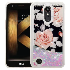 LG Aristo 2 Plus Case, Aristo 2, LG Tribute Dynasty, Rebel 3, Zone 4, Luxury Bling Liquid Glitter Case, Sparkle Quicksand Case - White Roses