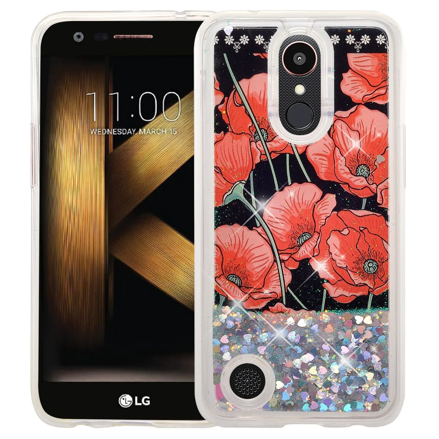LG K20 Plus | K20 V | K10 2017 | Harmony  Case Luxury Bling Glitter Case, Liquid Sparkle Quicksand Case - Red Roses