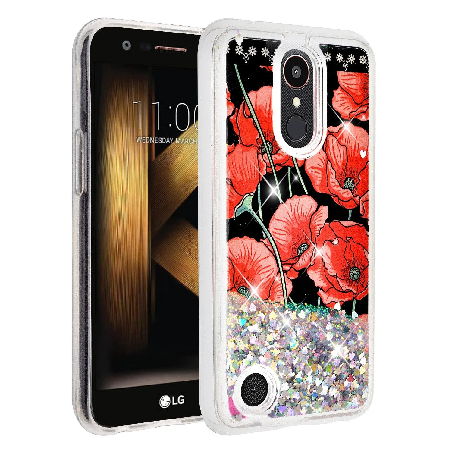 LG K20 Plus | K20 V | K10 2017 | Harmony  Case Luxury Bling Glitter Case, Liquid Sparkle Quicksand Case - Red Roses