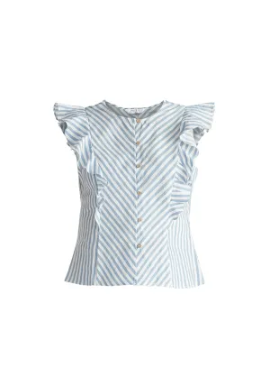 Light Blue and White Striped Frilled Cotton Blouse