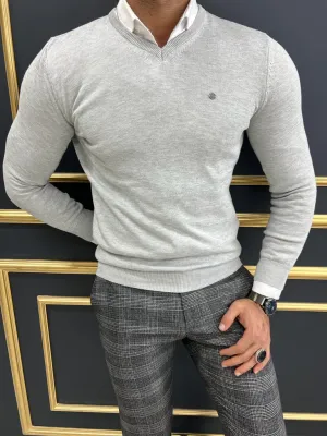 Light Gray Slim Fit V-neck Sweater for Men | GentWith.com