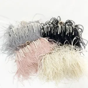 Light Grey Black Pink Polyester Solid Color Tassel Pearl Square Evening Bags