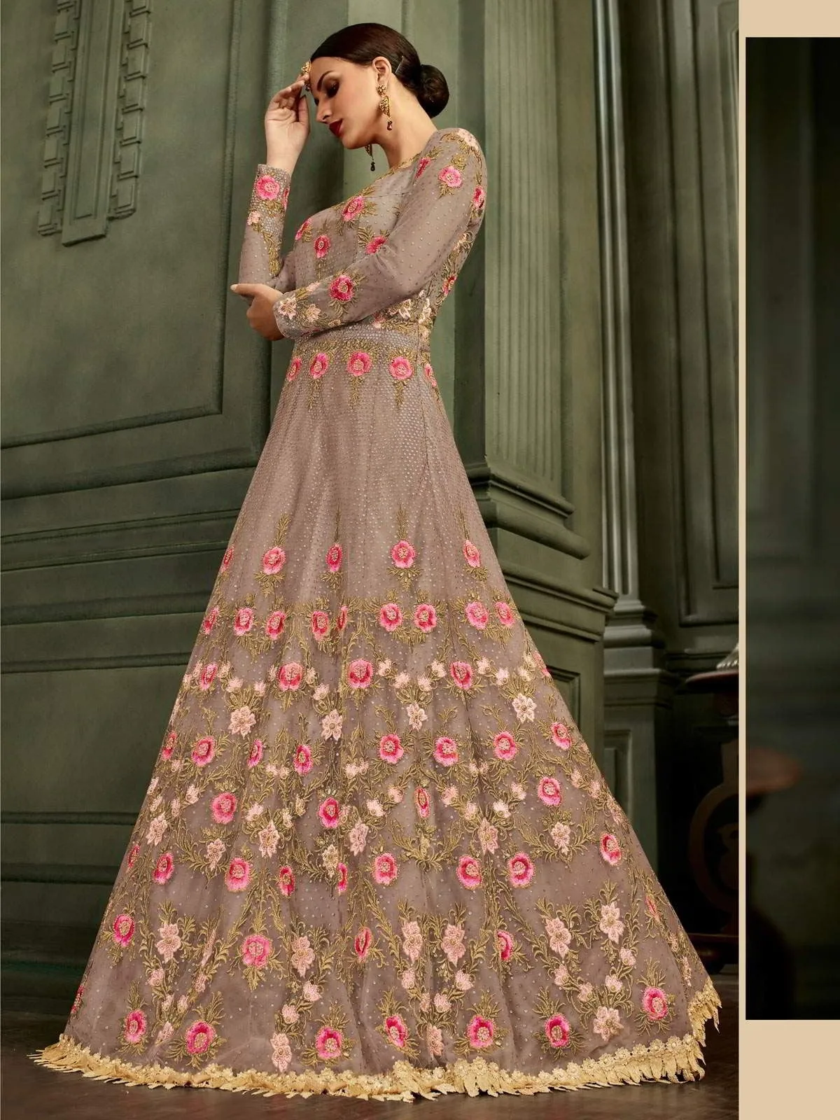 Light Mauve Floral Embroidered Flared Anarkali Suit