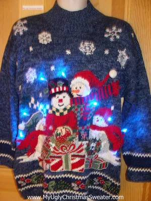 Light Up Ugly Christmas Sweater Festive Snowmen 80s