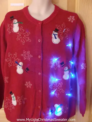 Light Up Ugly Xmas Sweater Windy Cold Winter Snowmen