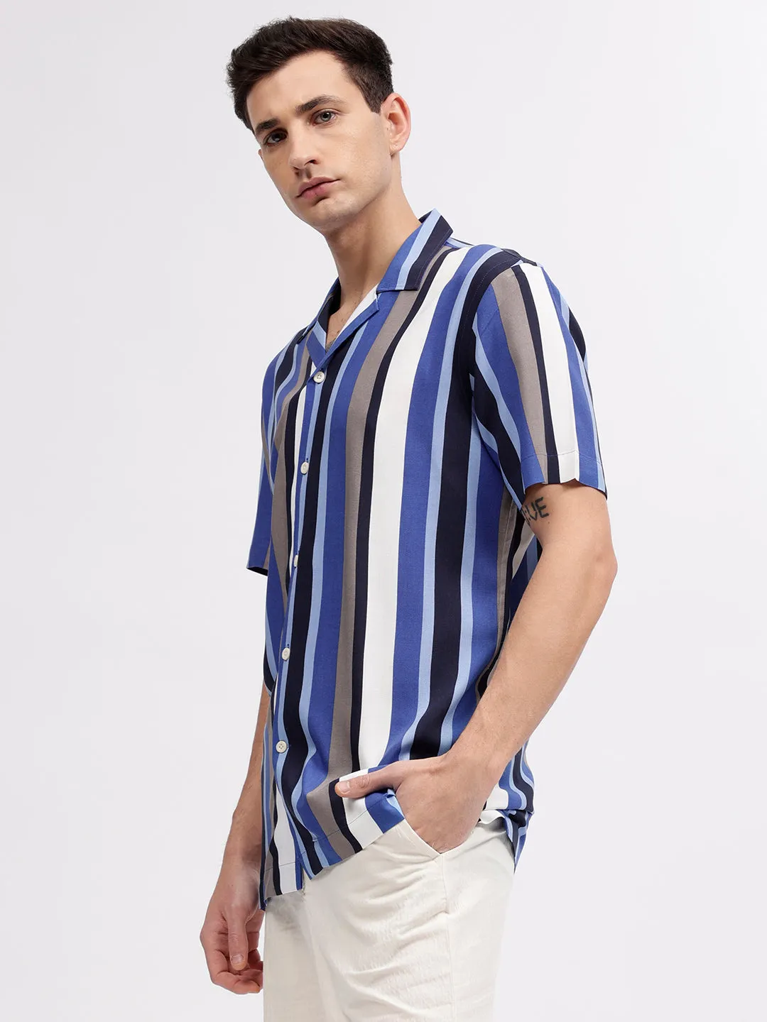 Lindbergh Men Multicolour Striped Resort Collar Short Sleeves Shirt