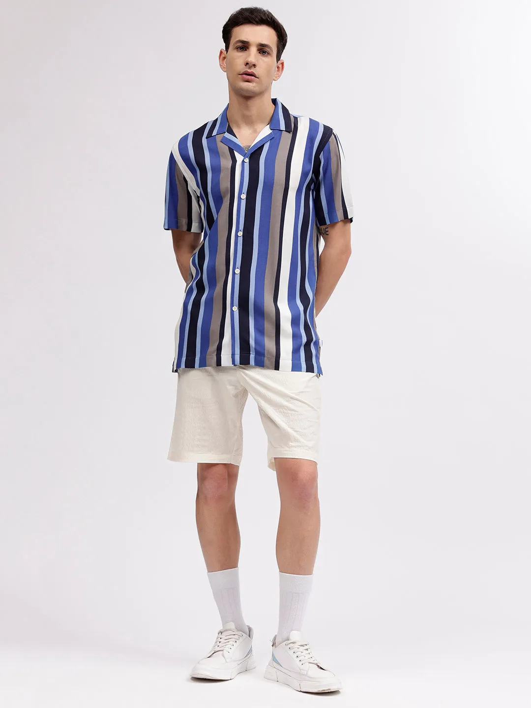 Lindbergh Men Multicolour Striped Resort Collar Short Sleeves Shirt