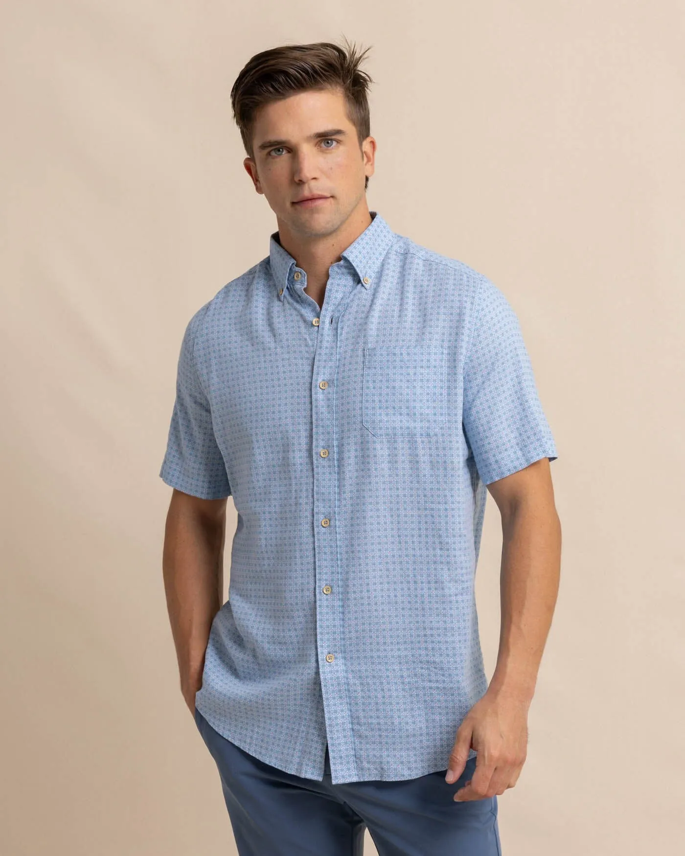 Linen Rayon White Lotus Short Sleeve Sport Shirt
