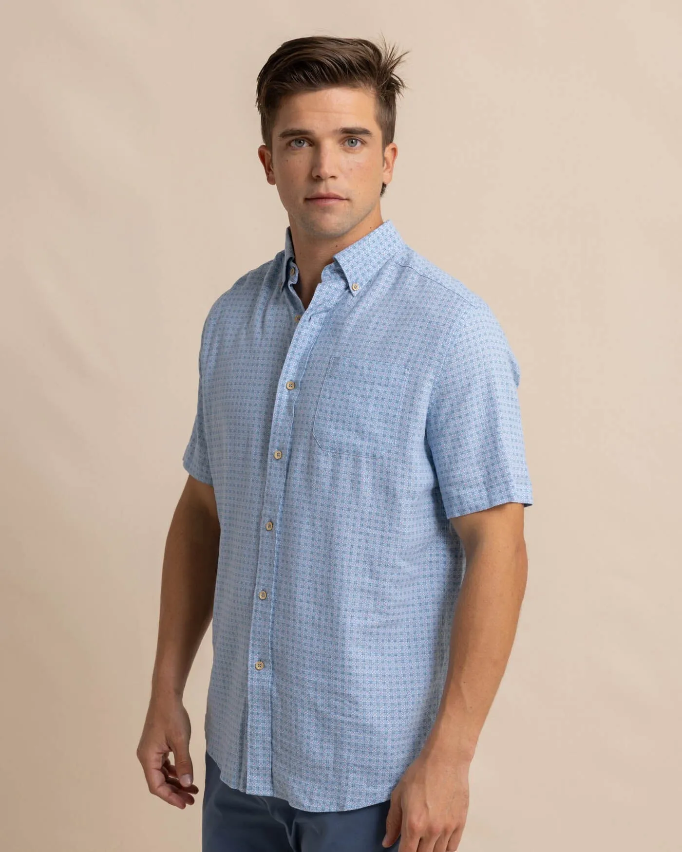 Linen Rayon White Lotus Short Sleeve Sport Shirt