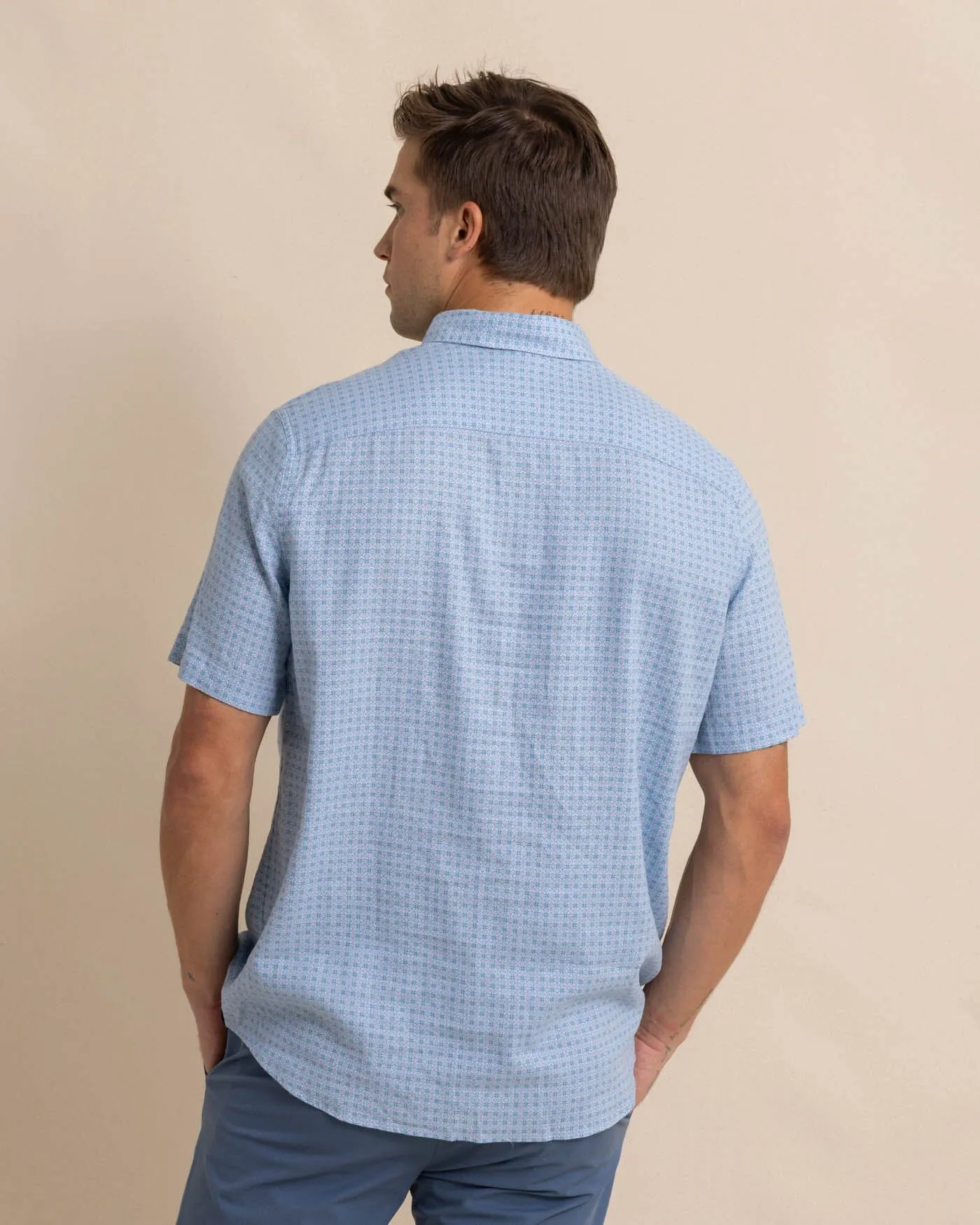 Linen Rayon White Lotus Short Sleeve Sport Shirt