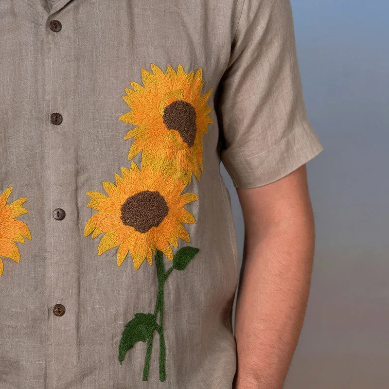 Linen Shirt for Men | Light Olive | Hand Embroidered