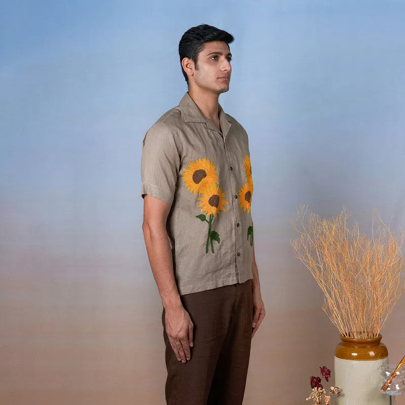 Linen Shirt for Men | Light Olive | Hand Embroidered