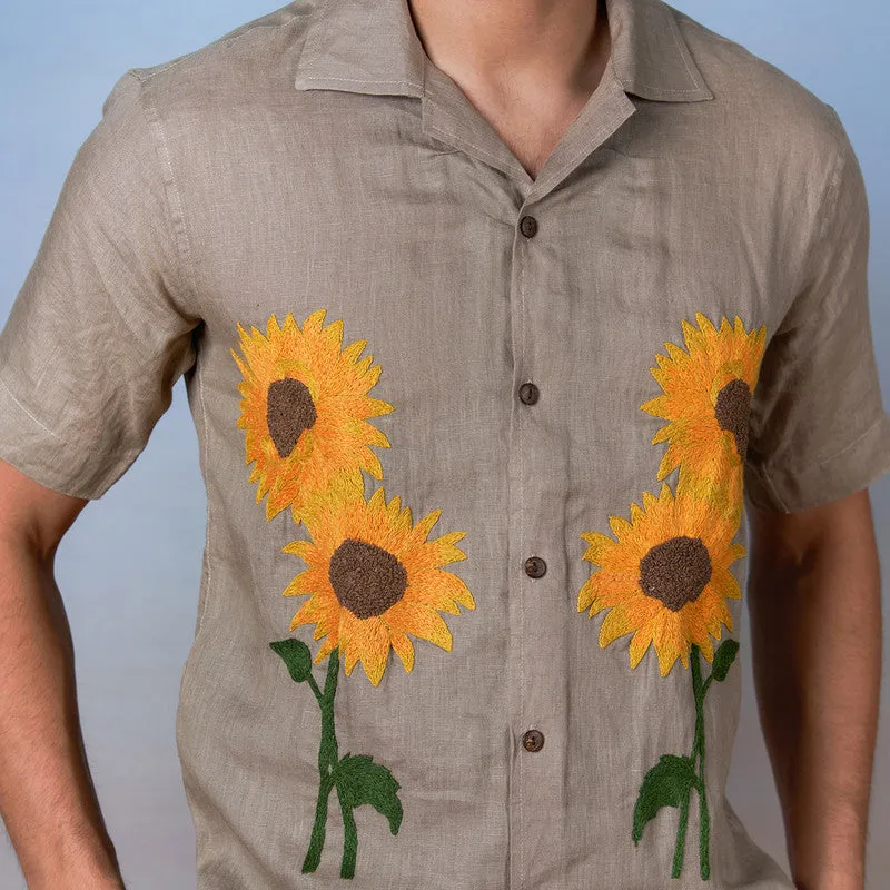 Linen Shirt for Men | Light Olive | Hand Embroidered