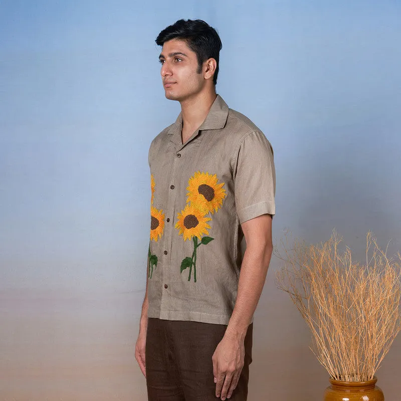 Linen Shirt for Men | Light Olive | Hand Embroidered