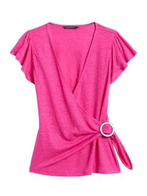 Linen Wrap-Front Top in Party Pink