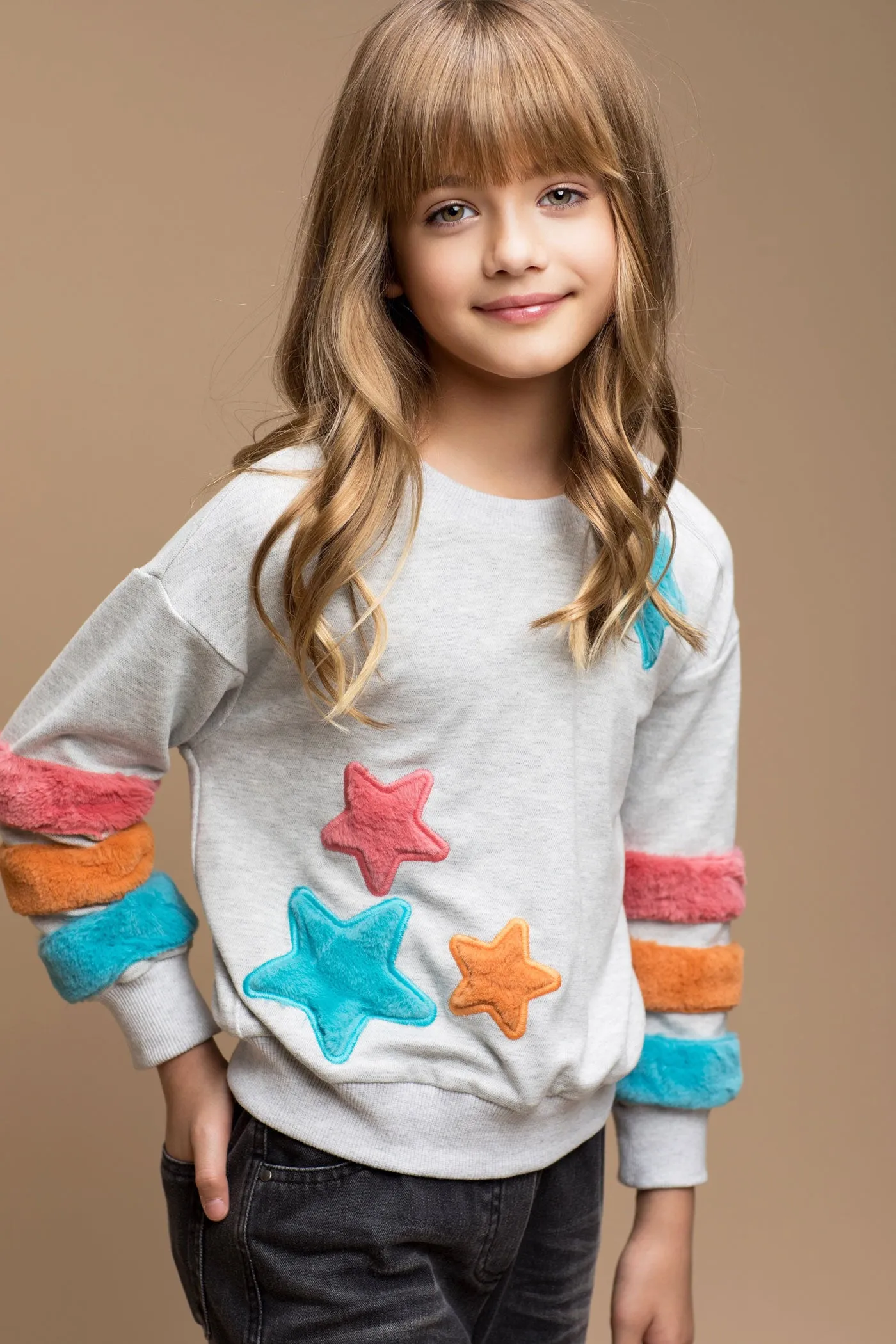 Little Girl's Faux Fur Star Striped Pullover Sweatshirt
