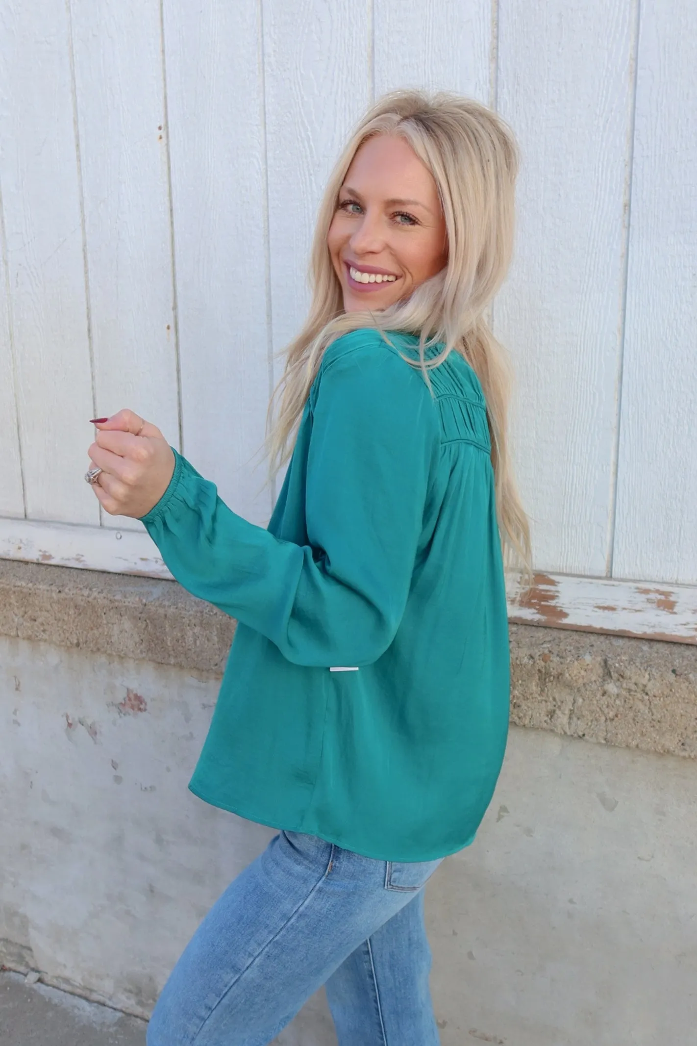 Liverpool Shirred V-Neck Blouse