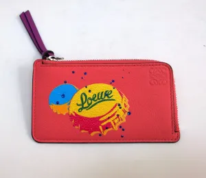 Loewe Paula's Ibiza Card Case Zipper Wallet Pink Leather with Rhinestones