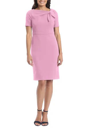 London Times Short Sleeve Asymmetric Tie Neck Scuba Crepe Sheath Dress