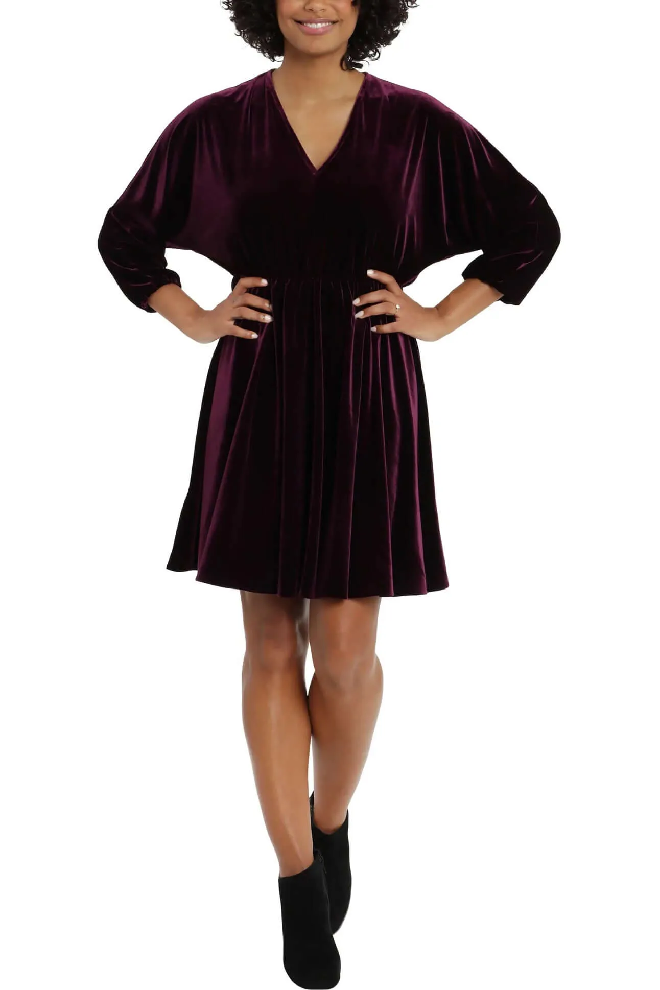 London Times V-Neck Elastic Cuff Long Sleeve Elastic Waist A-Line Velvet Dress