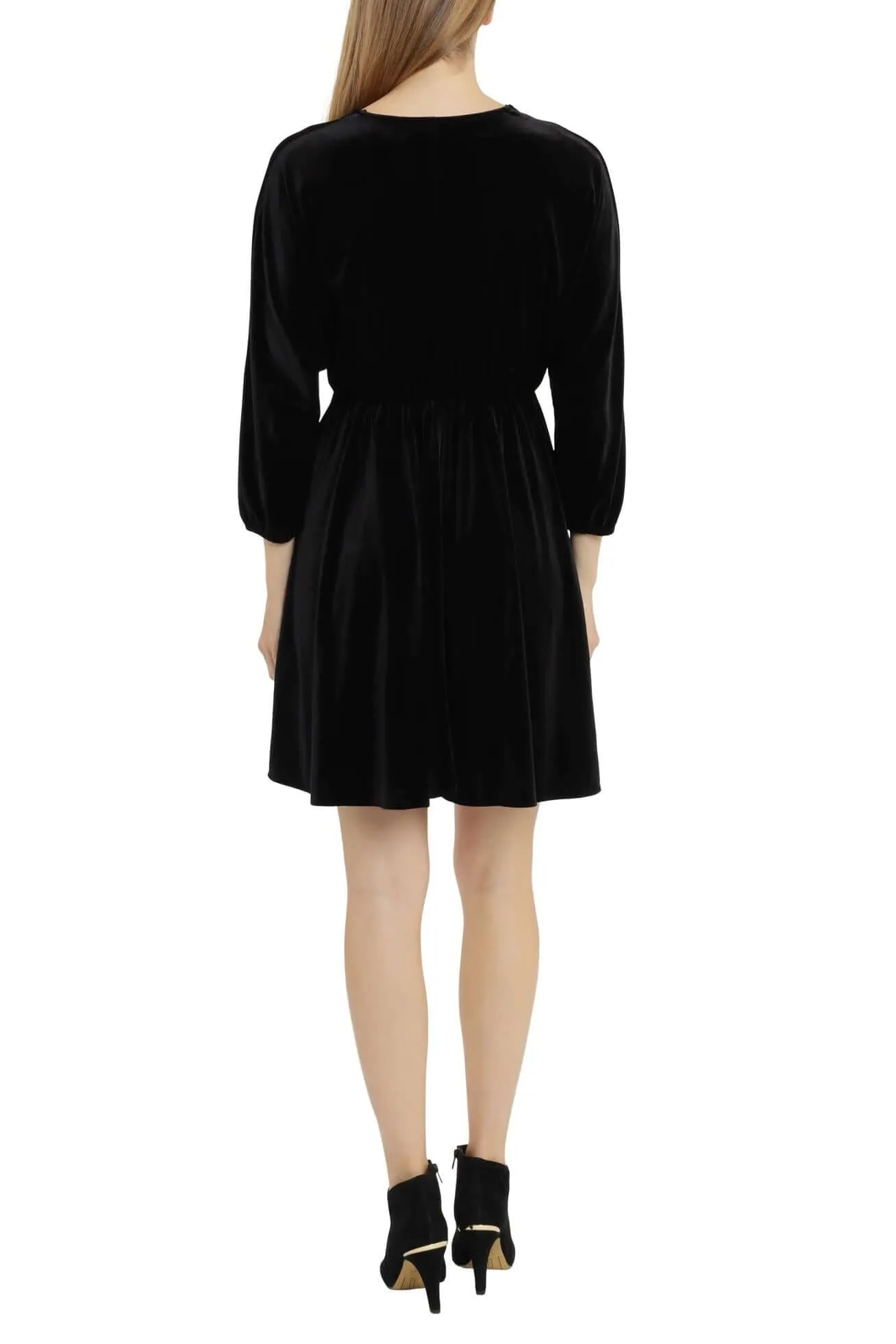 London Times V-Neck Elastic Cuff Long Sleeve Elastic Waist A-Line Velvet Dress