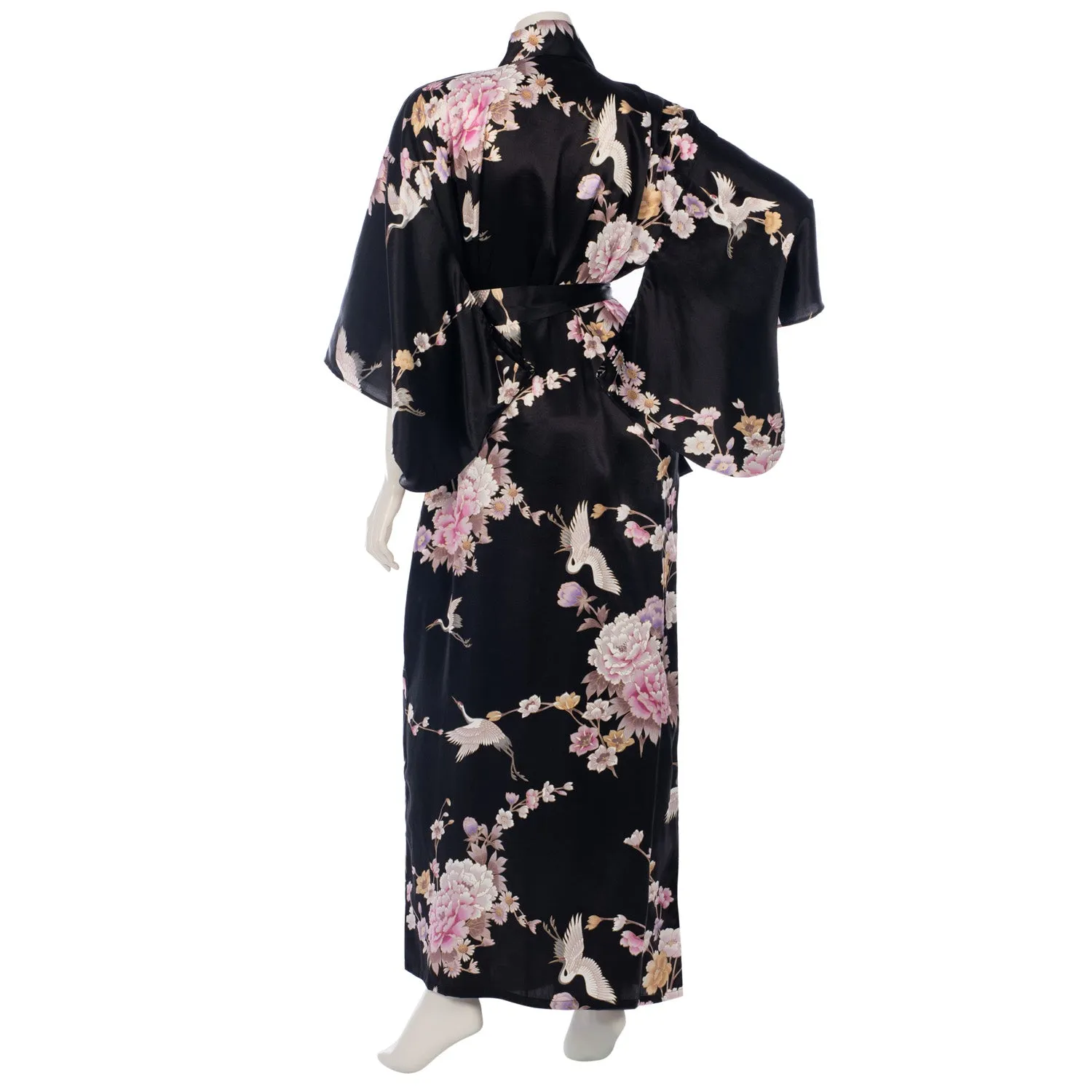 Long Black Silk Floral Crane Japanese Kimono
